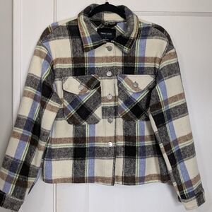 New Look Plaid Shacket Jacket Women’s Large – Cream Brown Blue Green Check